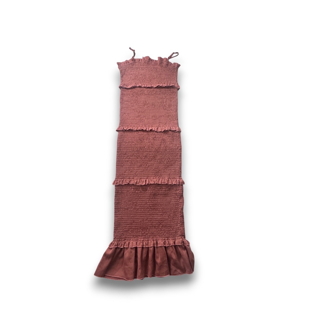 Mable Womens Smocked Tiered Midi Dress Mauve Ruffle Adjustable Straps Large